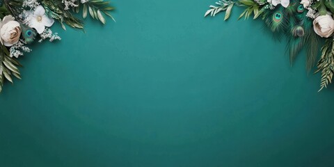 A green floral border consisting of various flowers and foliage on a teal background, creating an elegant and natural frame for any content or message.