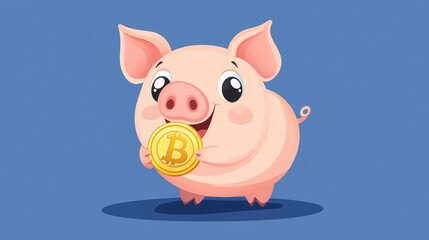 Fototapeta premium A cute cartoon piggy bank holding a bitcoin coin.