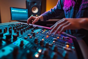 Fototapeta premium Sound engineer adjusting audio mixer for a vibrant music production in modern studio