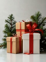 Two gift boxes tied with ribbons, accompanied by a fir branch and Christmas decorations, displayed on a white background.