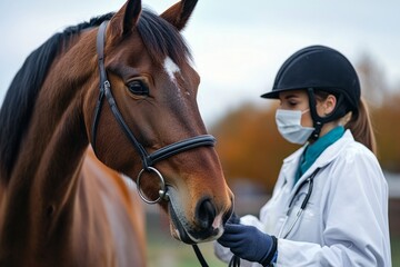 Fototapeta premium Veterinarian caring for horse outdoors in autumn setting