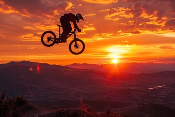 extreme sports athlete mid-air on a mountain bike, depicting the adventure and challenge of the sport with a stunning sunset backdrop