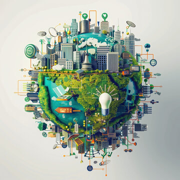 world globe city technology environment buildings innovation sustainability digital urban ecosystem smart city modern tech nature future infrastructure energy green