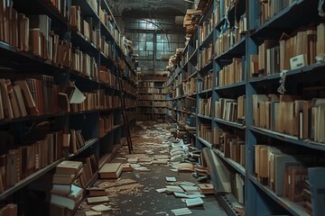 Obraz premium Dust gathers on the floor and shelves, where countless forgotten books line the walls, creating an atmosphere of nostalgia in a long-abandoned library.