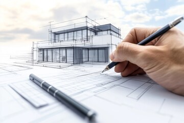 Architect's hand draws modern house design blueprint
