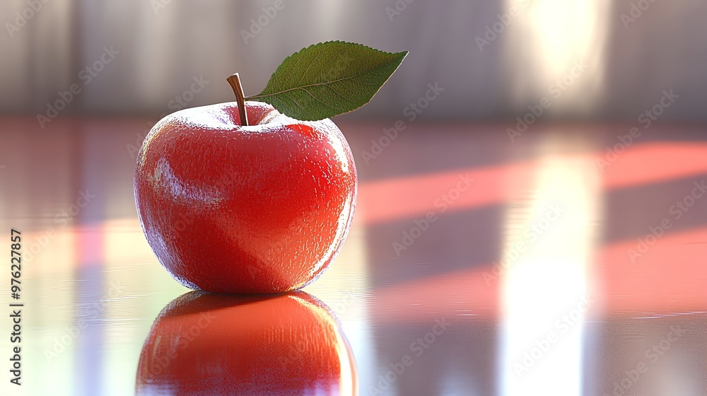 Poster a red apple with a single green leaf sits on a shiny red surface. the reflection of the apple is vis