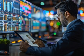 man reading a newspaper article online on a digital tablet with a computer screen in the background.