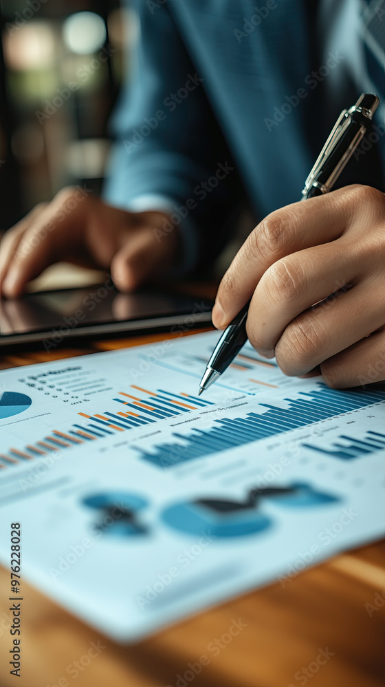 Poster business partner analyzing data and discussing strategies with focus