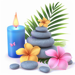 spa tranquility relaxation meditation candle stones flowers palm leaves zen wellness therapy aromatherapy blue candle stacked stones tropical flowers blooming flowers 