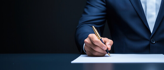 A businessman holding pen, ready to sign contract with focus and determination