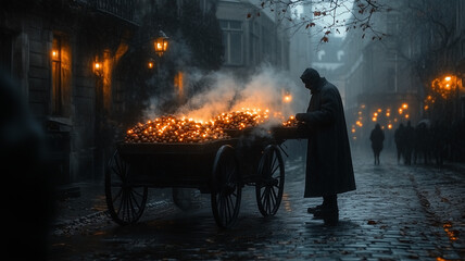 A chestnut vendor wrapped in a thick scarf stokes the fire under his cart casting a warm light on the cobblestones of a foggy European alleyway