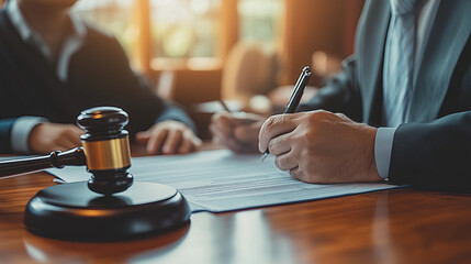 A lawyer reviewing contract with client in professional setting