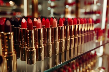 Shelves are lined with an array of colorful lipsticks, showcasing various shades of red and pink in elegant golden tubes, inviting customers to explore.