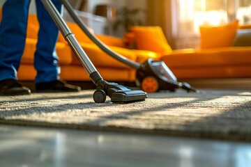 Fototapeta premium male janitor cleaning a carpet with a vacuum cleaner in a living room.