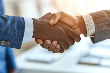 high angle view photo of a businessperson shaking hands with a candidate over a white desk, symbolizing a successful hire and business deal in a corporate setting.