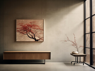 Japandi and wabi sabi inspired living room interior with wood, pottery and texture elements in neutral with autumn palette colors accent