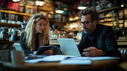 Two people negotiating at coffee shop in an informal setting, engaged in discussion