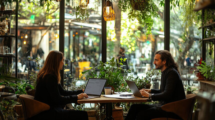 Two people negotiating at coffee shop in an informal setting, surrounded by greenery