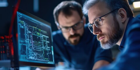 Two programmers intensely studying computer code on a screen, immersed in a task that requires precision, problem-solving skills, and technological expertise.
