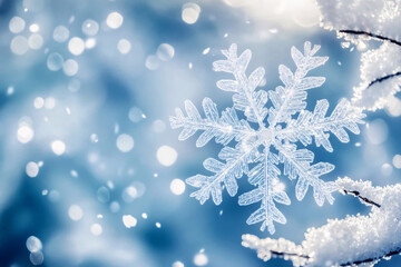 A delicate, intricate snowflake resting on a frost-covered branch, set against a softly blurred, wintry blue background with bokeh light effects
