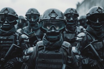 A highly trained tactical unit stands ready in formation, dressed in full tactical gear with helmets and visors, preparing for an upcoming operation in a gloomy urban environment.