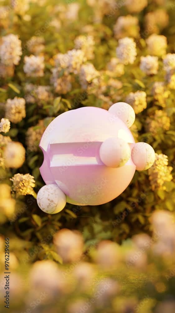Poster 3d rendering of small marble balls rolling on smooth sphere near plants in loop