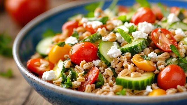 Closeup of a bowl of fresh salad with tomatoes, cucumbers, wheat berries, and feta cheese.