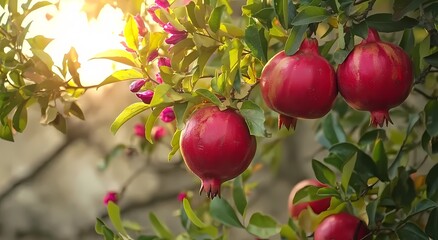 Vibrant pomegranates hanging on a sunlit branch amidst lush green foliage.