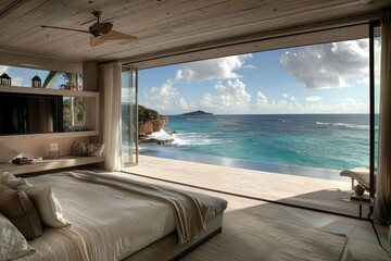 Fototapeta premium An inviting bedroom blends indoor comfort with breathtaking ocean vistas, showcasing clear blue waters and a tranquil shoreline on a sunny afternoon.