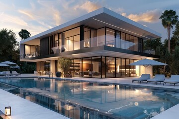 Fototapeta premium A stunning luxury villa features expansive glass walls and a beautiful swimming pool, with palm trees framing the elegant outdoor space as twilight sets in.