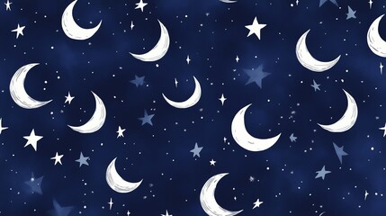 Naklejka premium A seamless pattern of white crescent moons and stars against a navy blue night sky.