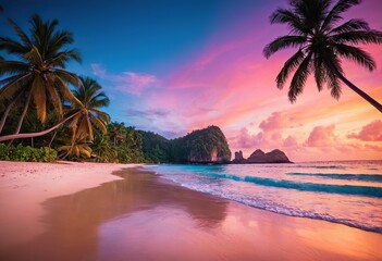 A tranquil beach scene at night adorned with palm trees and a vibrant purple sky
