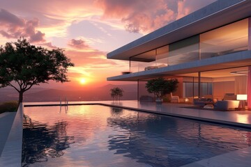 Fototapeta premium A contemporary villa features large glass windows reflecting a stunning sunset, with a stylish pool and lush greenery enhancing the peaceful atmosphere.