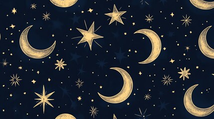Naklejka premium Gold celestial pattern on a dark blue background.