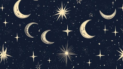 Hand drawn celestial seamless pattern with crescent moons and stars on a dark blue background.