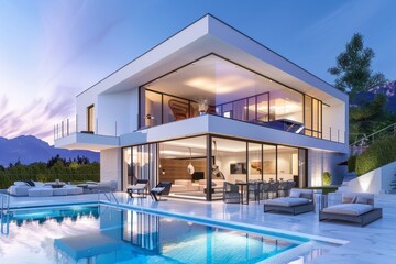 Fototapeta premium A contemporary villa showcases large glass windows reflecting the twilight sky, with a stylish outdoor pool and inviting lounge area surrounded by nature.