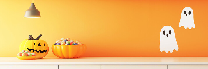 Naklejka premium Table with jack o lantern bucket filled with trick or treats candy, orange wall background with cute ghost stickers