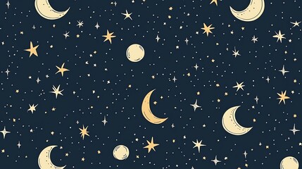 Naklejka premium Seamless pattern with yellow crescent moons and stars on a dark blue background.