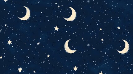 Naklejka premium Hand drawn crescent moons and stars on a dark blue background.