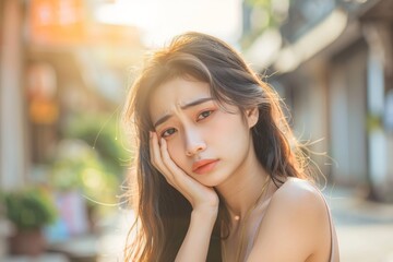 Fototapeta premium Poignant moment captured showing korean girl's tear-streaked face. Raw emotion beautiful korean girl's eyes highlights her sorrow. Image symbolizes fragility of human emotions and beauty found