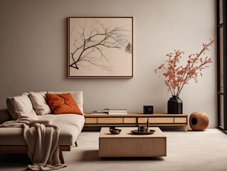 Japandi and wabi sabi inspired living room interior with wood, pottery and texture elements in neutral with autumn palette colors accent
