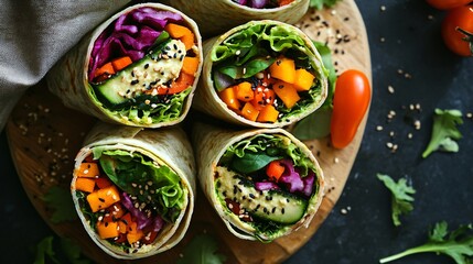 Fototapeta premium Closeup of four colorful veggie wraps with lettuce, red cabbage, carrots, zucchini, and black sesame seeds on a wooden cutting board.