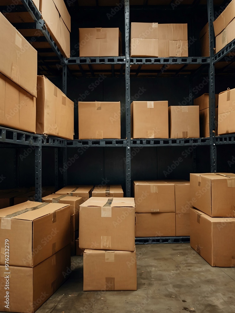 Poster warehouse stacked with cardboard boxes, creating a maze.