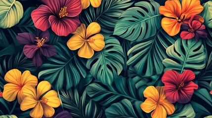 Fototapeta premium Lush tropical foliage featuring vibrant hibiscus flowers in shades of yellow, red and purple.