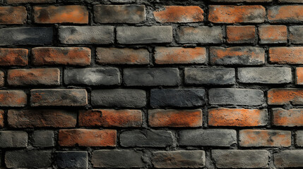 Obraz premium Weathered brick wall with red and black tones featuring a rough texture and copy space