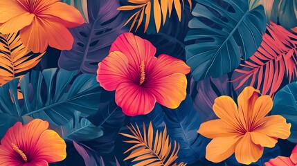 Fototapeta premium Tropical leaves and flowers in a vibrant color palette.