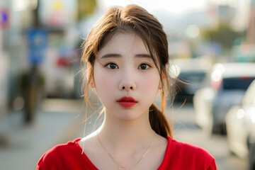 Attractive korean girl stylish look outdoors modern urban area. Korean model showcasing elegant and trendy fashion picturesque setting. It represents personal style and confidence fast-paced city