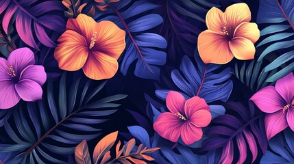 Fototapeta premium Vibrant tropical floral pattern with pink, orange and yellow hibiscus flowers and lush blue green leaves.