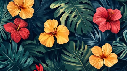 A vibrant tropical floral design featuring red and yellow hibiscus flowers and lush green leaves.