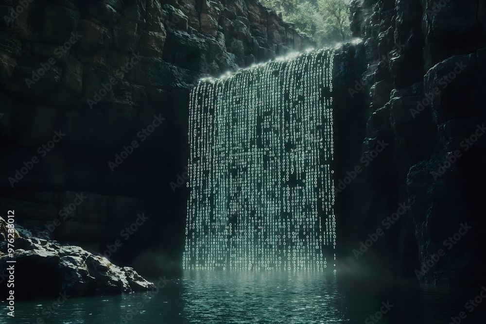 Poster binary code falls.the merging of nature's waterfall with digital streams of glowing code in a futuri
